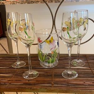 Beautiful hand painted glasses with vase. Butterflies, ladybugs and‎ dragonflies
